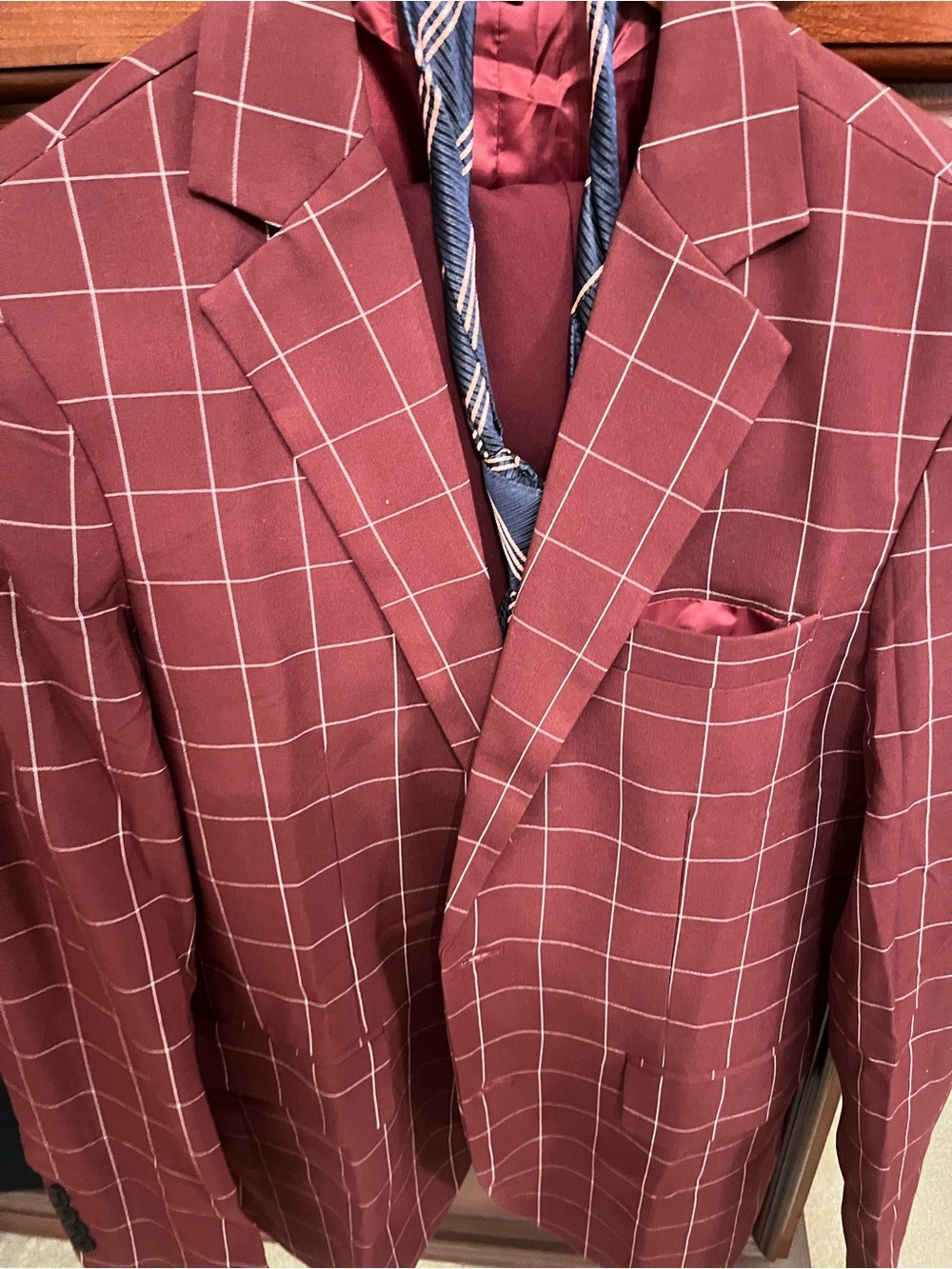 Italian Men's Burgundy Windowpane Blazer - Classic Check Sport Coat🇮🇹42R